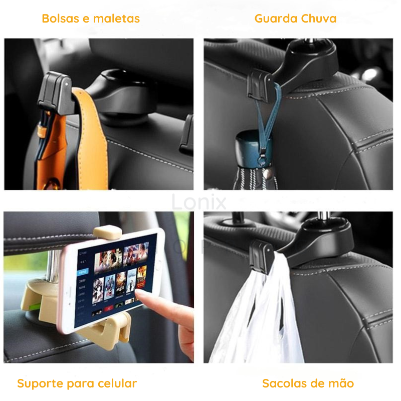 2em1_Organizador_Suporte_Celular_lonix.com.br_Preto :: Lonix Shopping :: Útil e conveniente, suporta até 10 Kg sem risco de ruptura e acomoda sua bagagem com segurança. Fácil de instalar ou retirar o gancho sem a necessidade de desmontar o encosto de cabeça Discreto e prático! Feito de ABS e borracha de silicone de alta qualidade, durável e ecológico.